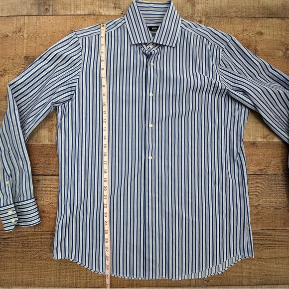 HUGO BOSS Striped Button Down Shirt Regular Fit Two Ply Blue White Size 42 - Picture 7 of 8